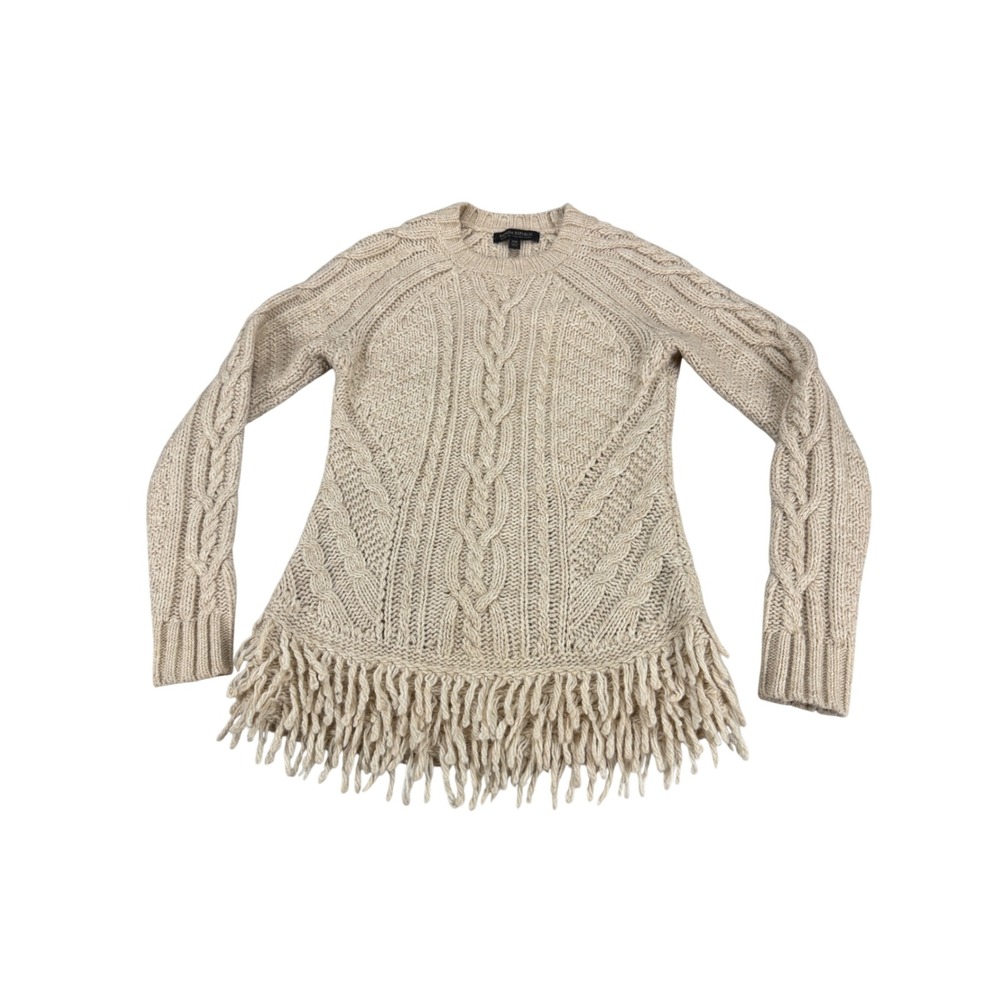 Banana Republic Italian Yarn Merino Alpaca Cable Knit Fringe Sweater Beige XS